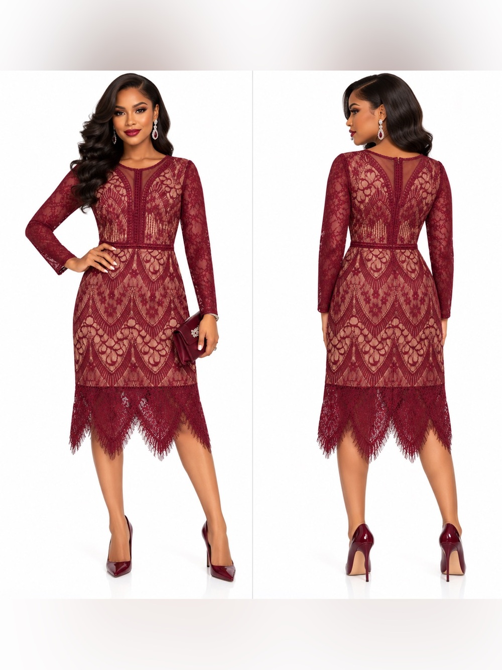 Lulu's Burgundy Lace Midi Dress with Scalloped Lace Hem